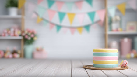 A beautifully decorated birthday cake sits on a wooden table surrounded by vibrant party decorations indicating a festive celebration atmosphere.の素材
