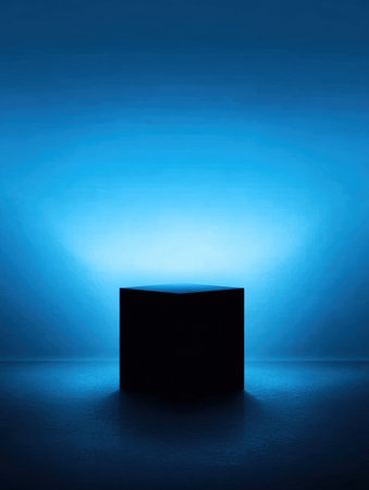 Minimalist black podium stands alone in a corporate blue gradient atmosphere, creating a professional backdrop for presentations and discussions.の素材