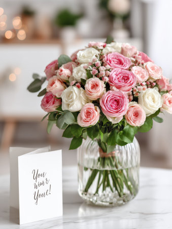 A card leans against a glass vase filled with vibrant roses, creating a lovely display in a softly blurred indoor environment.の素材