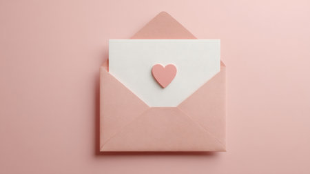 An open envelope reveals an empty letter inside, accompanied by a heart sticker, all set against a calm pastel pink backdrop for a minimalistic feel.の素材
