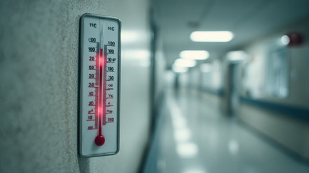 A clinical thermometer displays temperature readings in a bright hospital corridor, highlighting a sterile medical atmosphere.の素材