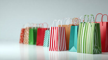 A colorful variety of gift bags in festive designs are lined up on a table, creating a joyful atmosphere for seasonal celebrations.の素材