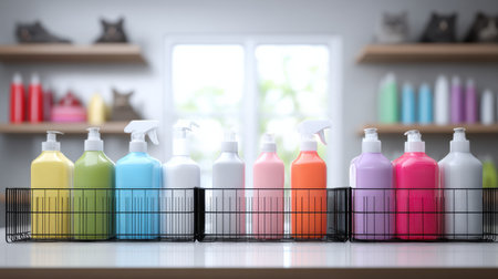 Brightly colored pet care bottles are showcased on a glossy surface in a clean, organized veterinary setting.の素材