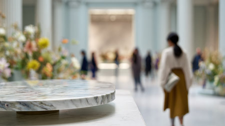 Floral arrangements fill a central open space, highlighted by soft daylight and a marble podium, perfect for Womens Day festivities.の素材