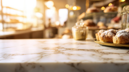 Soft morning light fills a cozy bakery interior; a marble countertop awaits a fresh array of pastries ready for customers.の素材