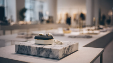 Premium earphones rest on a marble podium, showcasing elegance in a soft luxury store with a blurred backdrop of high-end fashion.の素材