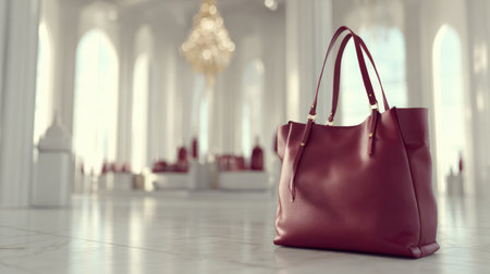 A stunning leather bag is showcased on a stylish display table in an upscale foyer, featuring an exquisite interior and soft lighting.の素材