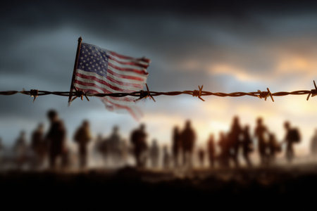 A United States flag flutters above a barbed wire fence, with shadowy figures behind it, symbolizing migration issues and policy debates.の素材