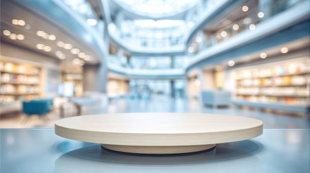 A blurred view of a doctor office showcases a glass podium in an empty composition, suggesting a place for healthcare product presentation.の素材