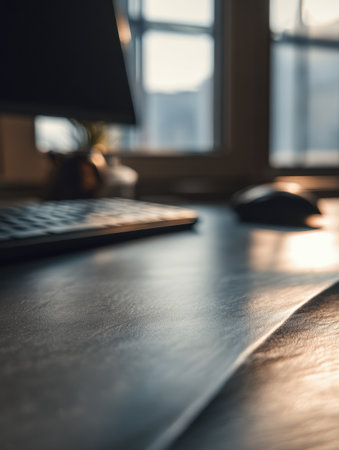 Black desk surface shines in sunlight with a blurred modern office view behind it, creating a calm corporate environment for presentations.の素材