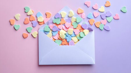 A cutout envelope overflows with colorful heart shapes against a soft pastel background, ideal for sending love notes or special messages.の素材