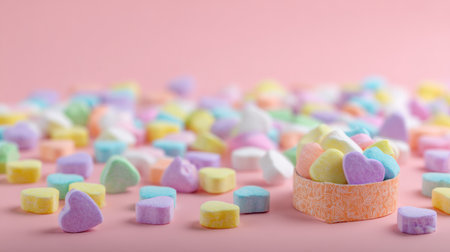 Colorful heart-shaped candy boxes sit within a sea of vibrant pastel candies against a soft pink background, inviting a sense of joy and sweetness.の素材