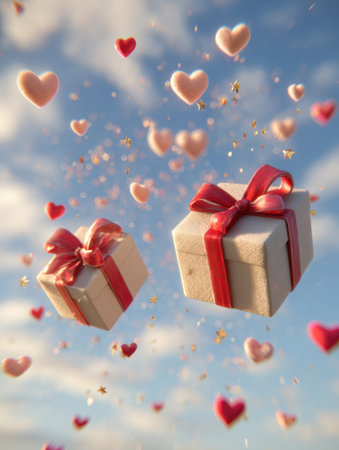 Two gift boxes with red ribbons hang in the air surrounded by floating hearts and stars, creating a cheerful scene in the sky.の素材