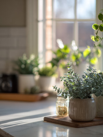 Sunny kitchen counter features vibrant houseplants, a blurred window view, and space for household products, creating a welcoming scene.の素材