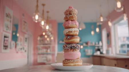 A tall tower of donuts with vibrant icing and sprinkles is displayed on a plate in a bright bakery with pastel colors and inviting decor.の素材