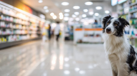 A clean veterinary clinic showcases pet care products while a dog stands in the foreground, creating a friendly atmosphere for pet owners.の素材