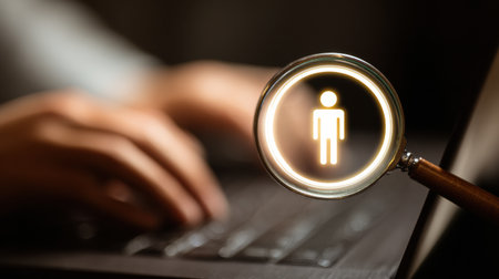 Focusing on a person icon, a magnifying glass represents detailed workforce analysis and talent discovery using a laptop.の素材