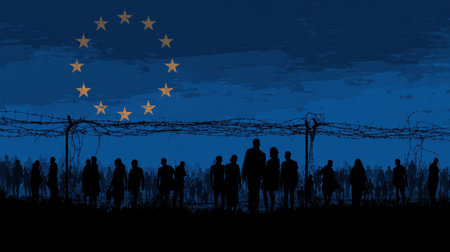 Barbed wire stands tall with the EU flag above, as numerous silhouettes of individuals are seen behind it, representing the struggle of migration.の素材