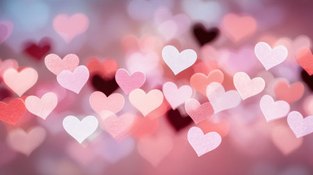Bokeh lights shaped like hearts fill the soft pastel space, perfect for adding sweet messages and sharing love.の素材
