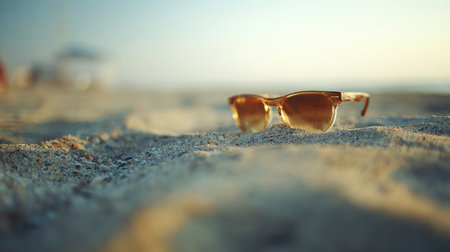 Sunglasses lay on the warm sand, capturing the essence of a sunny beach day by the sea in early evening light.の素材