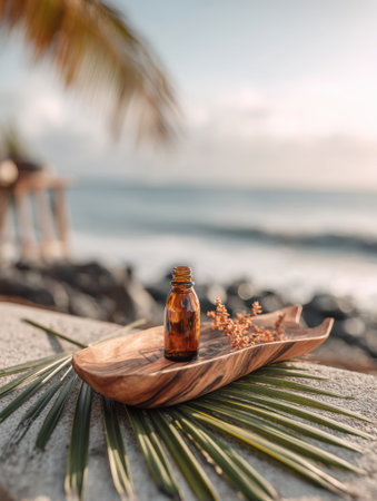 Organic cosmetics displayed elegantly on wooden podium with palm leaves, set against a soft blurred ocean scene and luxury lighting.の素材