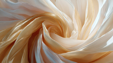 Delicate satin fabric swirls create a dreamy composition in soft pale gold hues, showing elegance and tranquility.の素材