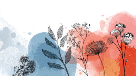 Delicate florals and leaves emerge through abstract ink strokes with a grunge texture, creating a serene and artistic atmosphere.の素材