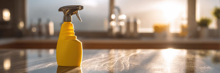 Sunlight fills the kitchen as a cleaning product sits on a shiny countertop, reflecting light while a sink faucet blurs in the background.の素材
