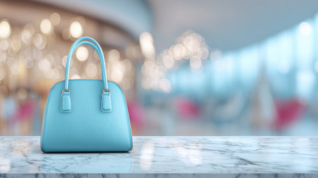 A stylish blue handbag is showcased on a marble table in a modern boutique, with a soft blurred background adding to the elegance.の素材