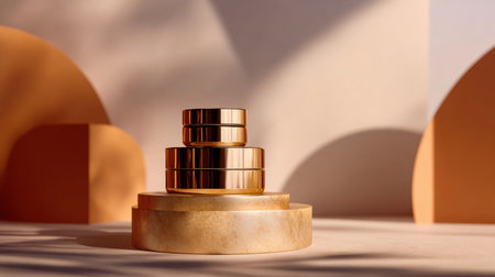 A golden podium displays premium cosmetics amid elegant, blurred shapes, creating a serene atmosphere with soft reflections and neutral tones.の素材