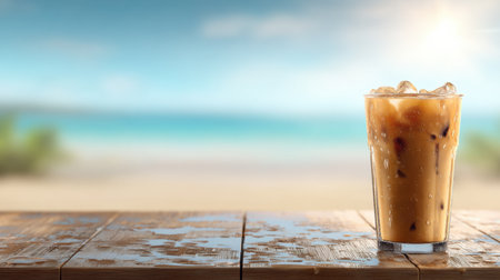 Enjoy a chilled iced coffee placed on a wet table, capturing the essence of a sunny beach day with a clear blue backdrop.の素材