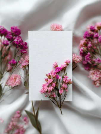 Soft linen fabric surrounds a white card, elegantly decorated with delicate dried flowers, creating a romantic and minimalist scene.の素材
