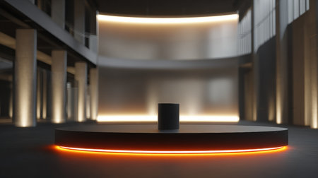 Showcasing a sleek matte black podium in a softly lit gaming room, the central area glows warmly in an inviting atmosphere.の素材