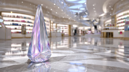 Gemstone reflections create a warm glow against a softly blurred luxury boutique interior filled with elegant displays and products.の素材
