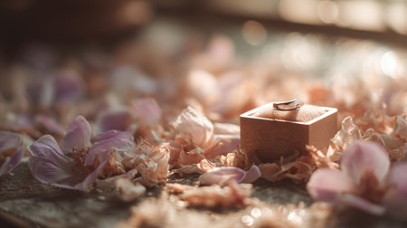 Delicate ring box rests among soft rose petals, with a dreamy light above perfect for capturing heartfelt proposal text.の素材