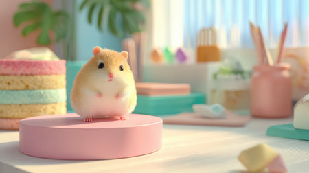 A playful hamster sits on a decorative podium in a bright, organized child bedroom filled with colorful items and a soft pastel palette.の素材