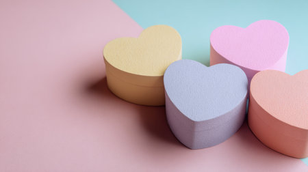 Small heart-shaped gift boxes in pastel colors sit on a soft background, inviting a sense of playful sweetness and joy.の素材