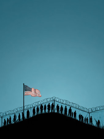 A flag flutters above a barbed wire fence with dark silhouettes of individuals, symbolizing migration and the complexities of policy.の素材