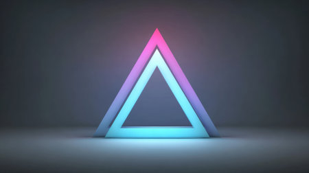 Floating 3d triangles emit a soft neon glow in a dark minimalist background, showcasing a central gap for visual interest.の素材