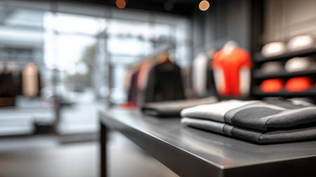 Boutique features a sleek metal podium holding neatly folded sportswear against a backdrop of hanging athletic clothing.の素材