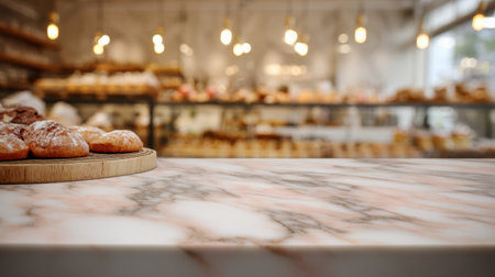 Bright bakery interior features a blurred background, inviting aroma of fresh pastries, and a marble countertop ready for treats.の素材