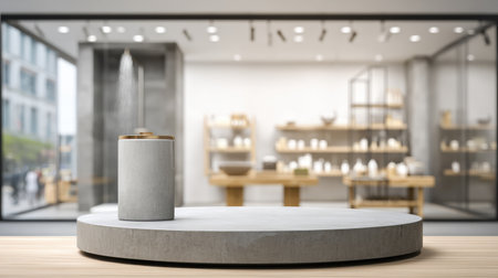 Bathroom accessories are showcased on a stone podium, with a blurred shower area behind, creating a serene, modern atmosphere.の素材
