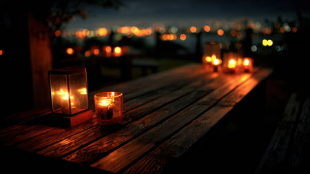 Soft candlelight illuminates a rustic wooden table in a dark outdoor space, enhancing the romantic ambiance with bokeh lights in the distance.の素材