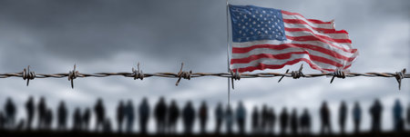 United States flag flutters above a barbed wire fence, with dark silhouettes of people behind it, symbolizing migration issues and border policies.の素材