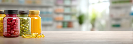 Colorful vitamin bottles arranged on a clean table surface with blurred background, creating a focus on the central empty product space.の素材