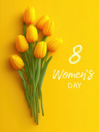Bright yellow tulips arranged beautifully on a vibrant yellow background represent joy and celebration for International Womens Day.の素材