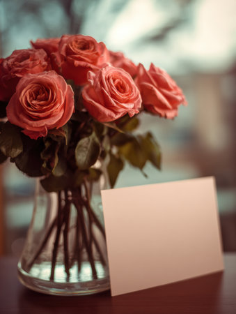 A blank card is displayed beside a glass vase of pink roses, creating a serene atmosphere with a softly blurred background.の素材