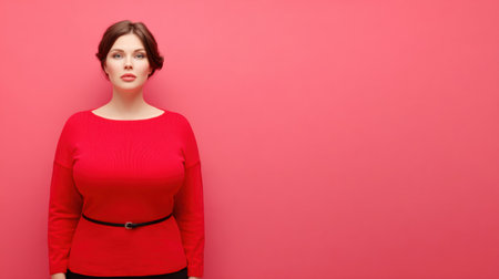 A plus size model in a red sweater poses confidently against a bright pink backdrop, emphasizing her focus on health and wellness journey.の素材