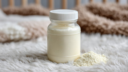 A gentle nursery scene features a jar of baby formula and powder on a fluffy white rug, providing an inviting atmosphere for caretakers.の素材
