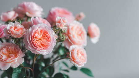 Beautiful bouquet of fresh pink roses with blurred edges creates a romantic atmosphere ideal for sweet messages and special occasions.の素材